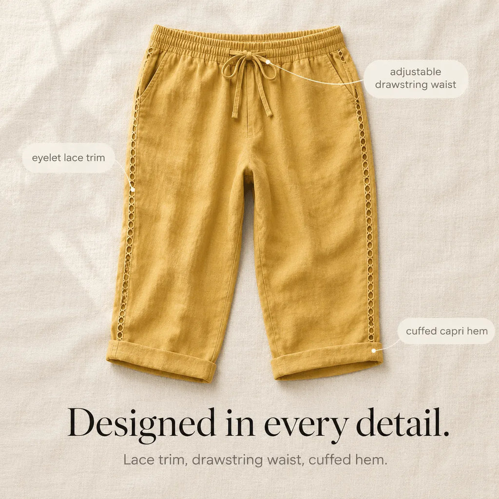 Loravie – Eyelet Trim Cotton-Linen-like Capri Pants with Drawstring Waist