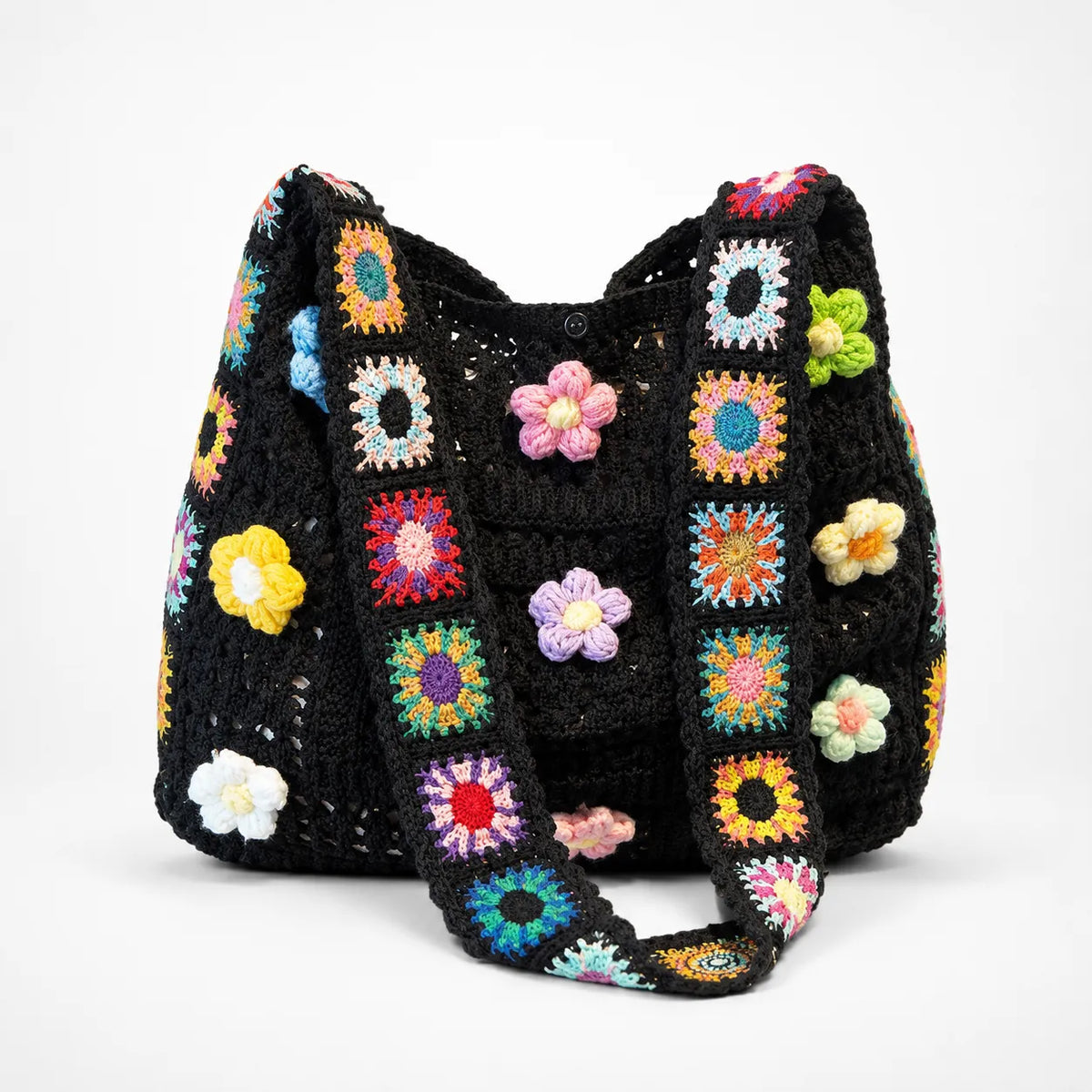 Florenza – Hand-Crocheted Floral Shoulder Bag for Women, Boho Granny-Square Tote with 3D Flowers