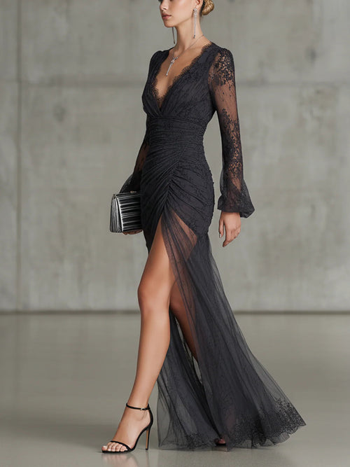 Adelaide™ | Lace Ruched Sheer-Sleeve Slit Maxi Dress