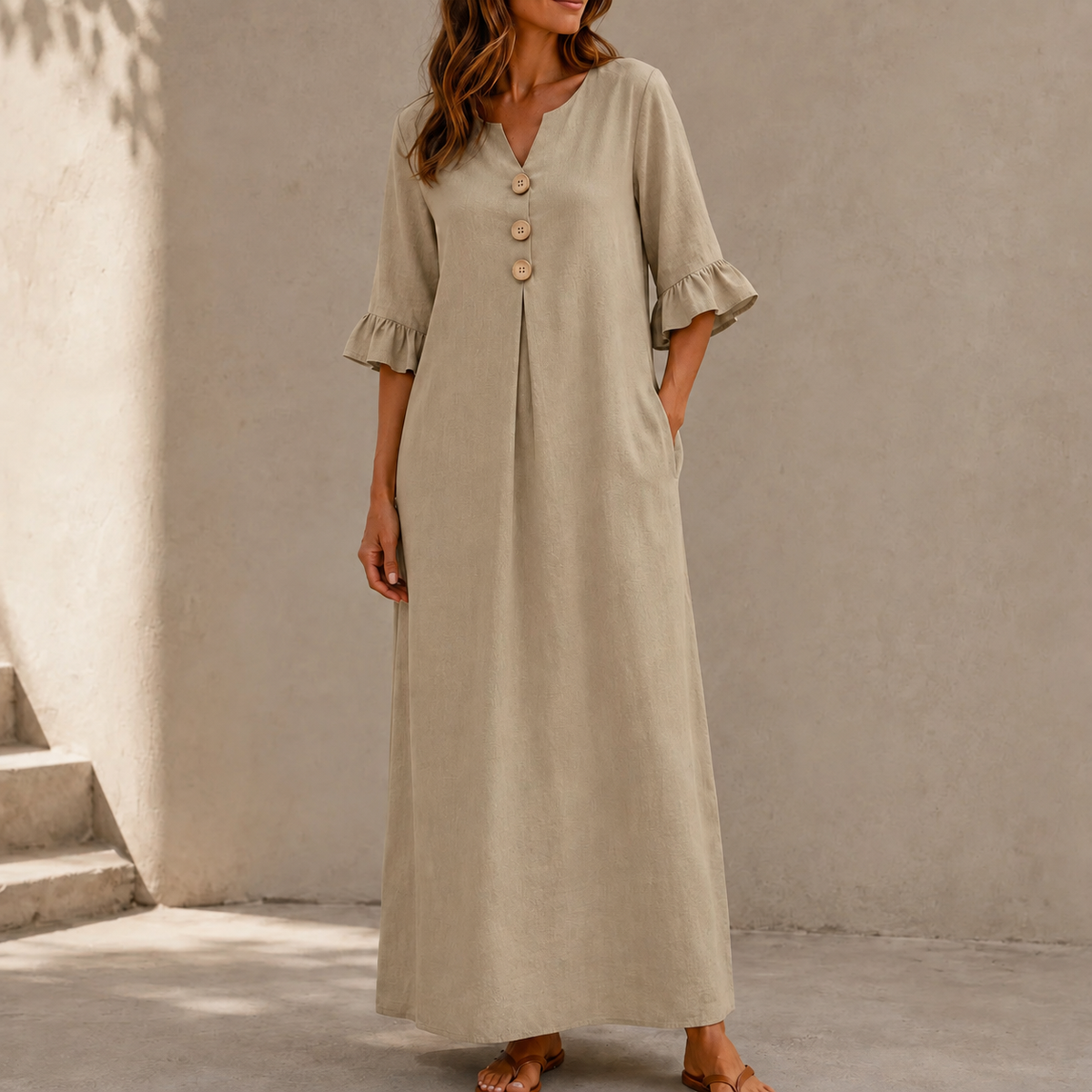 Marellia – Flowy Linen-Look V-Neck Maxi Dress with Pockets