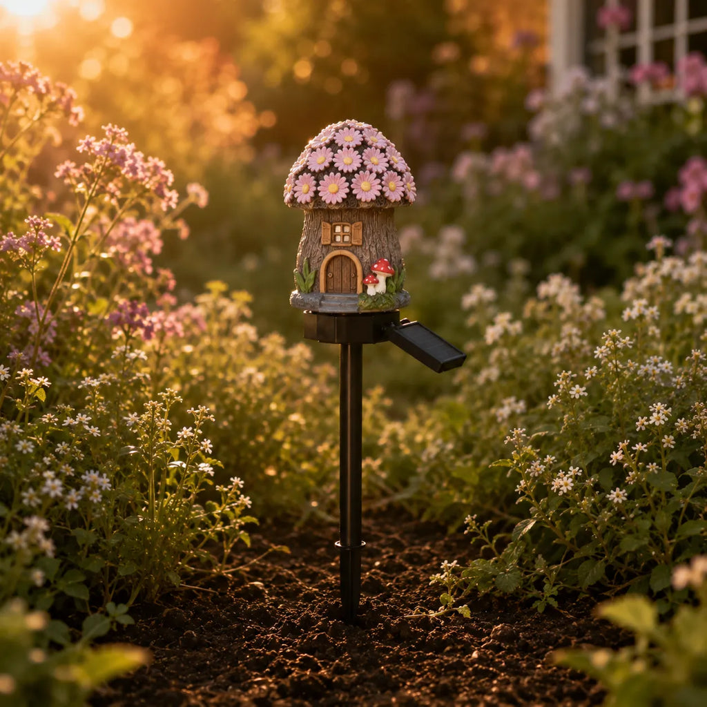 Lunavia – Solar Fairy Cottage Garden Stake Light, Hand-Sculpted Resin, Auto-On Warm LED