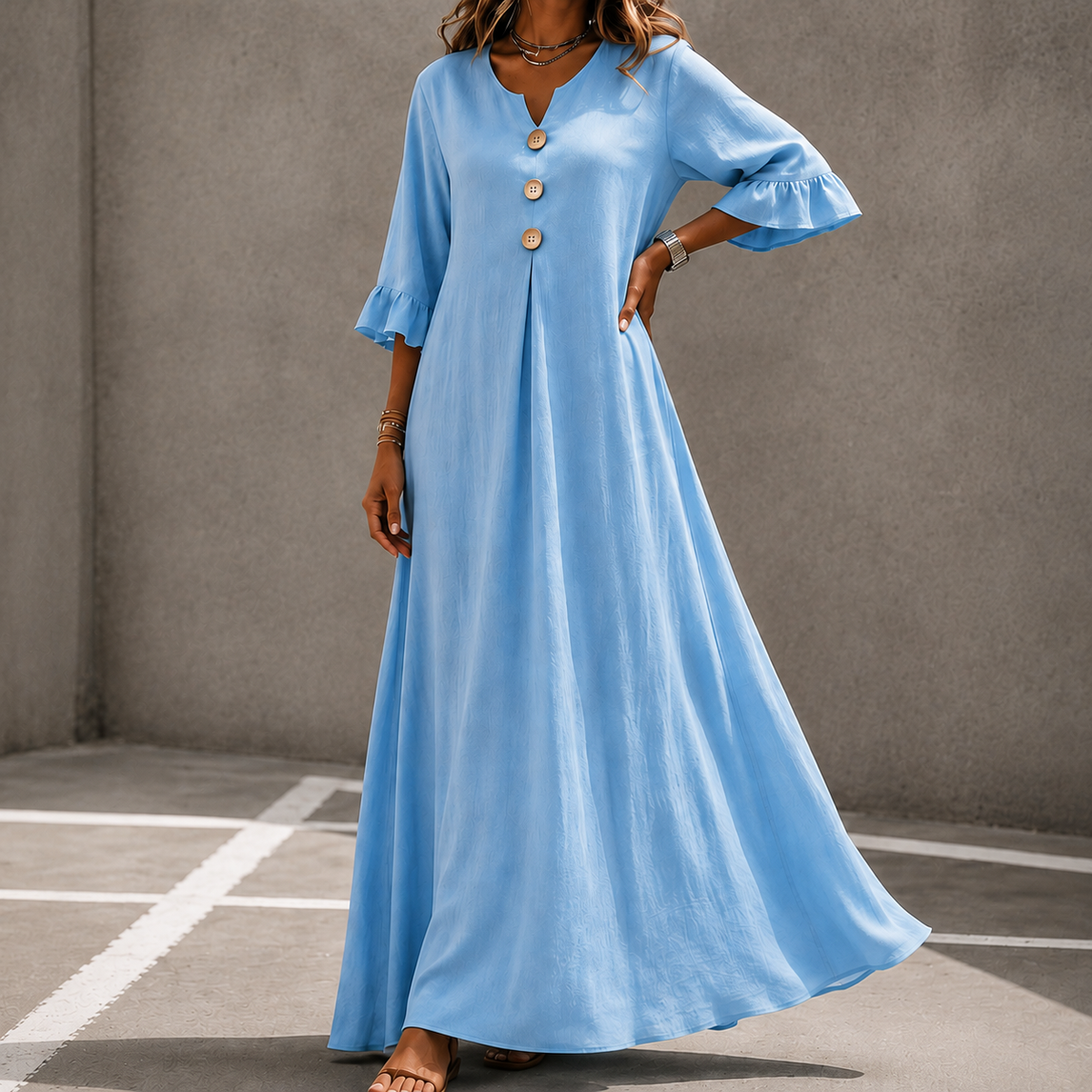 Marellia – Flowy Linen-Look V-Neck Maxi Dress with Pockets