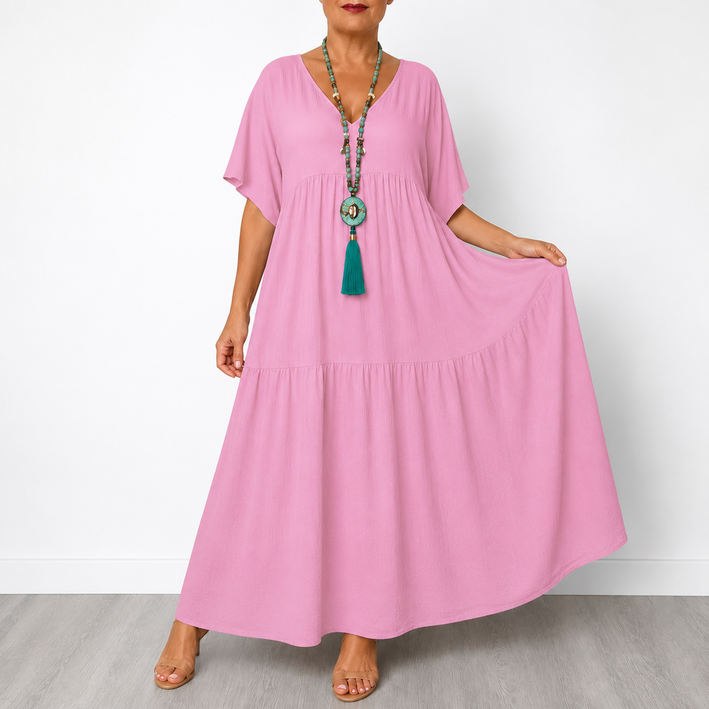 Vellira – Plus Size V-Neck Tiered Midi Dress