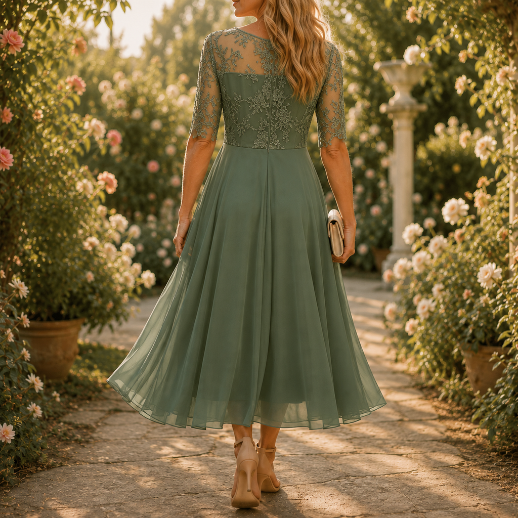 Elarose – Embroidered Lace Bodice Midi Dress for Weddings