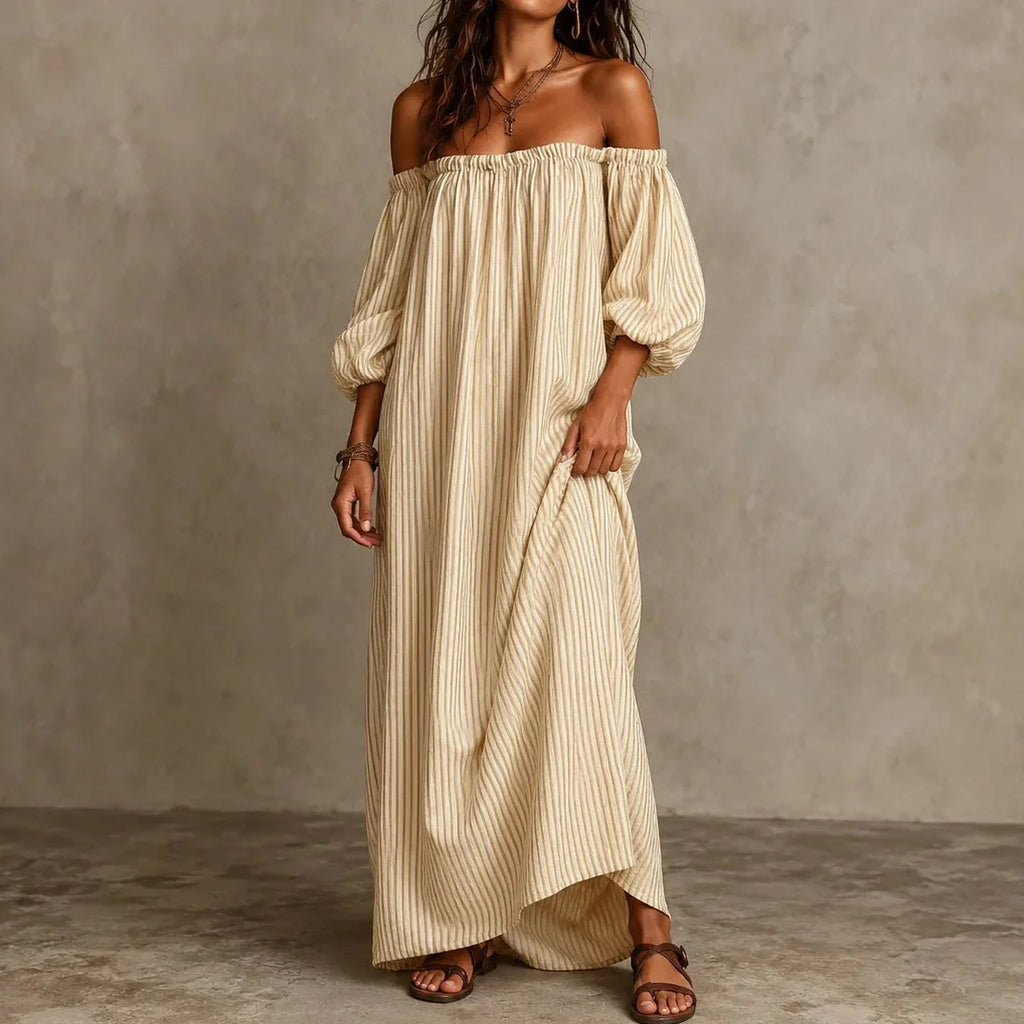 Marisella – Off-Shoulder Striped Maxi Dress with Lantern Sleeves and Pockets