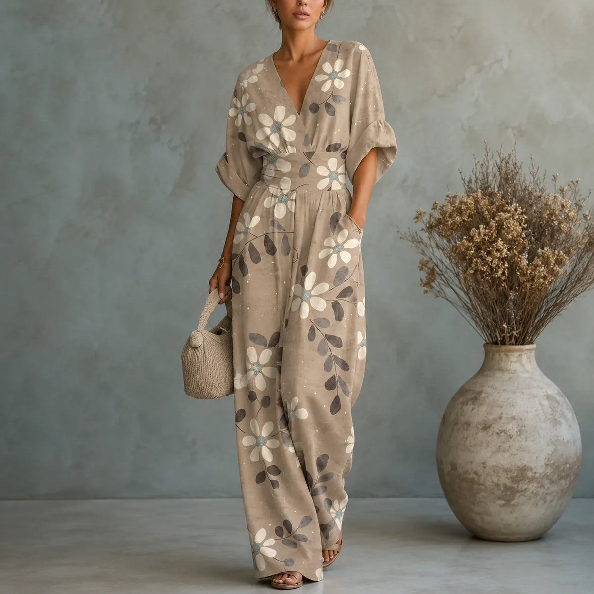Solene – Printed V-Neck Wide-Leg Jumpsuit with Cinched Waist and Pockets