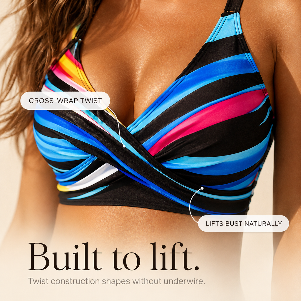 Solina – Twist-Front Striped Bikini Set with High-Waist Ruched Skirt Bottom