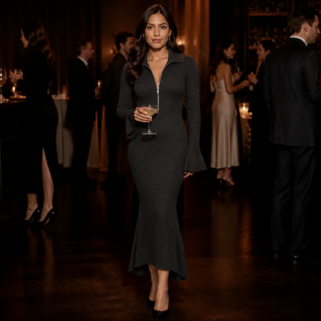 Selara – Ribbed Fishtail Knit Midi Dress with Half-Zip Collar