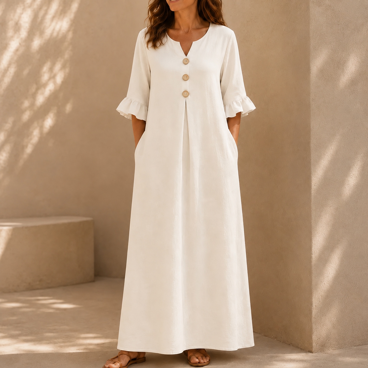 Marellia – Flowy Linen-Look V-Neck Maxi Dress with Pockets