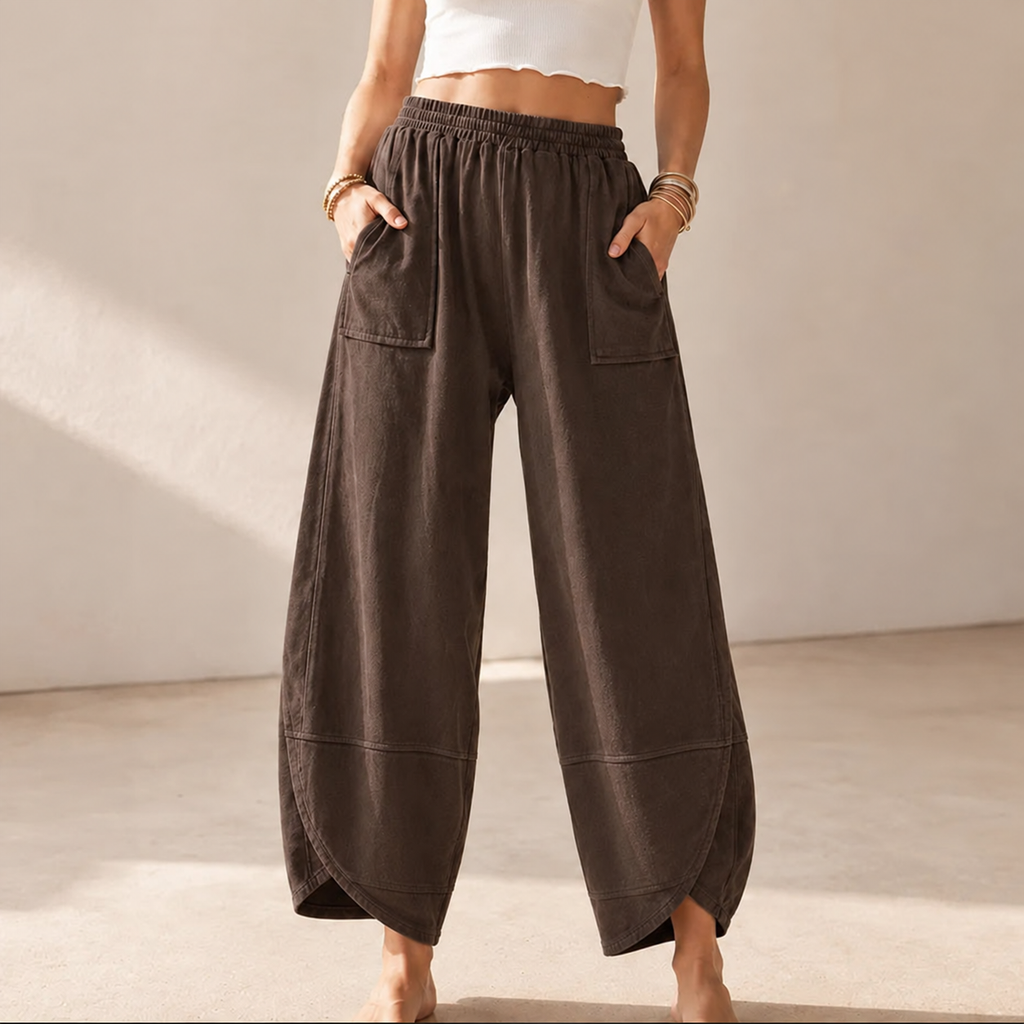 Lounella – Wide Leg Harem Pants with Elastic Waist and Deep Pockets