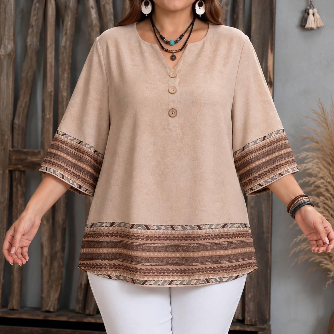 Vivelyn – Contrast Trim Button-Front V-Neck Top