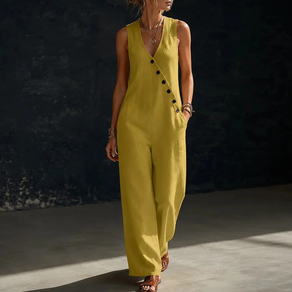 Wearvelle – Sleeveless Wide-Leg Jumpsuit with Diagonal Buttons and Pockets