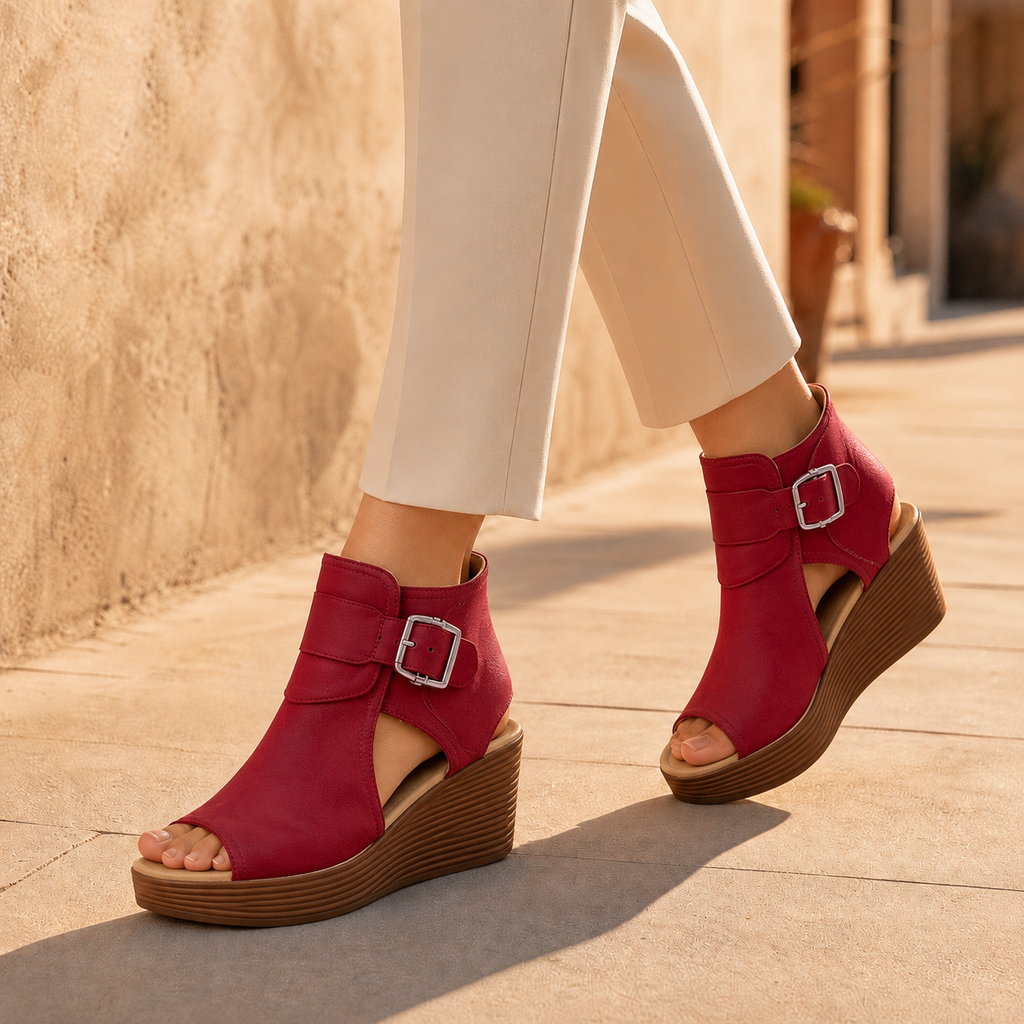 Elsera – Peep-Toe Platform Wedges with Buckle Detail