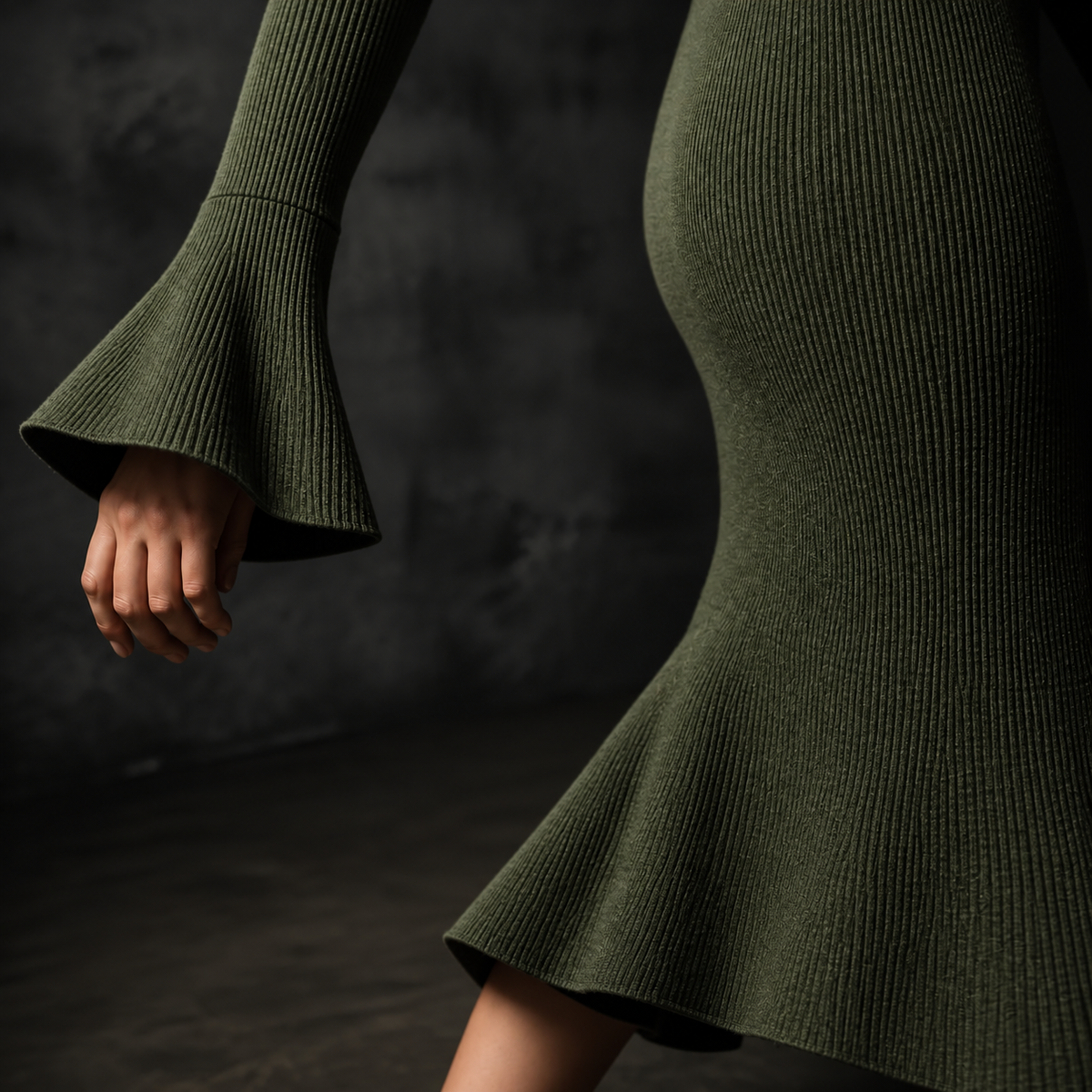 Selara – Ribbed Fishtail Knit Midi Dress with Half-Zip Collar
