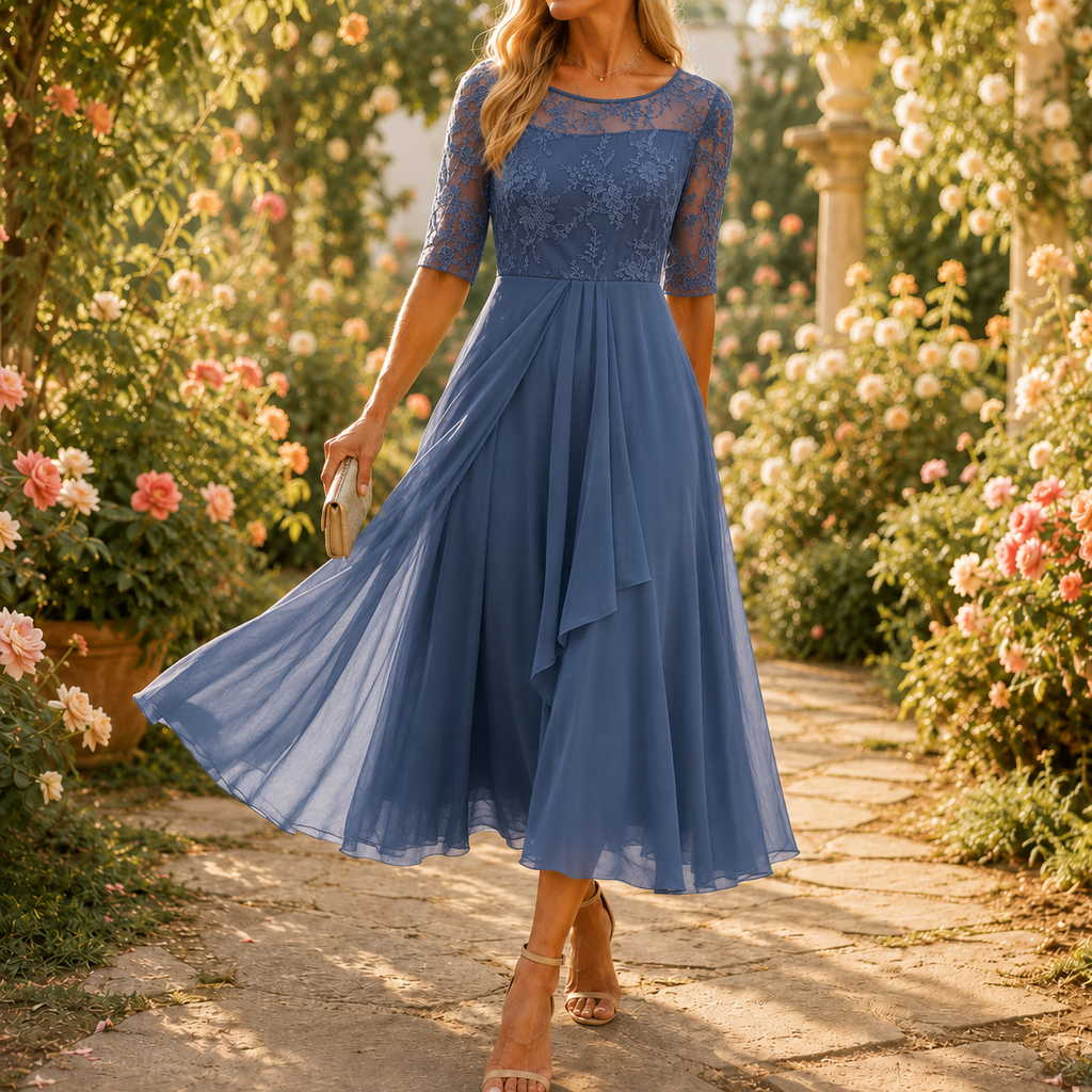 Elarose – Embroidered Lace Bodice Midi Dress for Weddings
