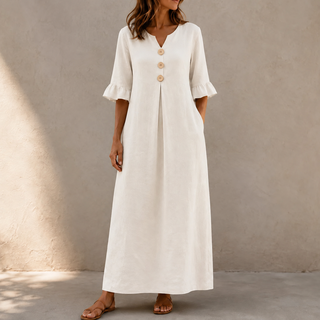 Marellia – Flowy Linen-Look V-Neck Maxi Dress with Pockets