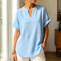 Linora – Notch V-Neck Short Sleeve Curved-Hem Tunic Blouse for Women
