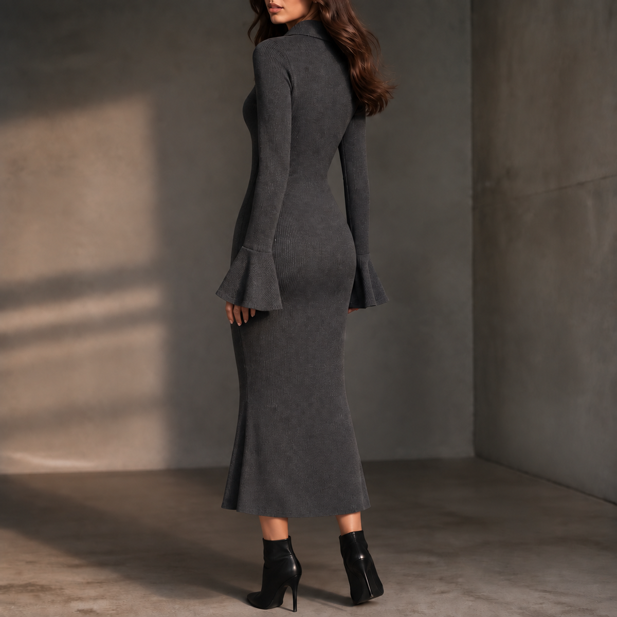 Selara – Ribbed Fishtail Knit Midi Dress with Half-Zip Collar