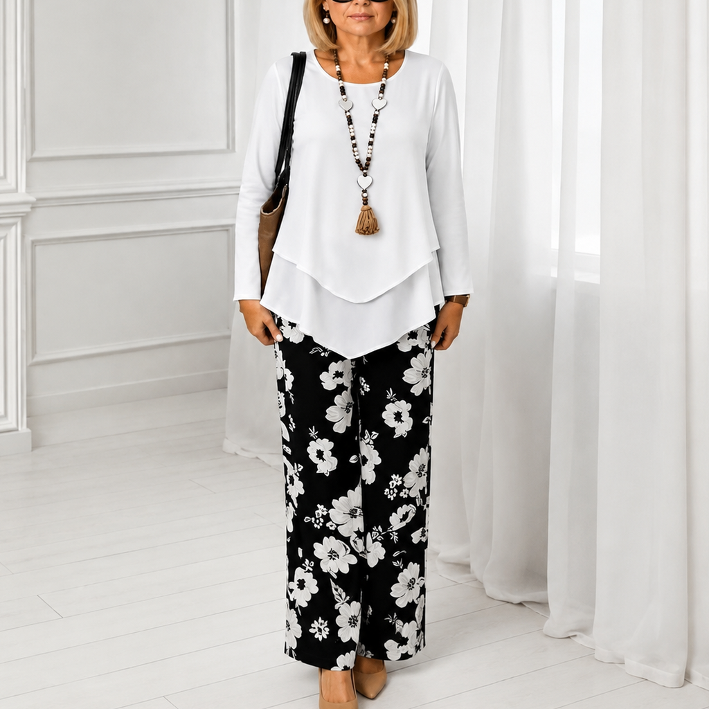 Wearbella – Double-Layer Top And Floral Wide-Leg Pants Set