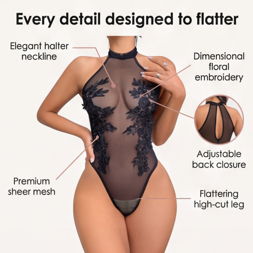 Floressa – Sheer Floral Embroidery Halter Bodysuit