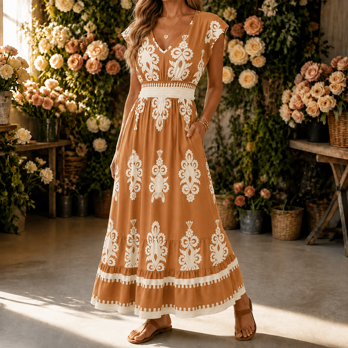 Osyrel – Women's Damask Print Midi Dress with V-Neck