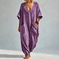 Solunya – Loose V-Neck Summer Jumpsuit with Deep Pockets, Batwing Sleeves, 6 Colors