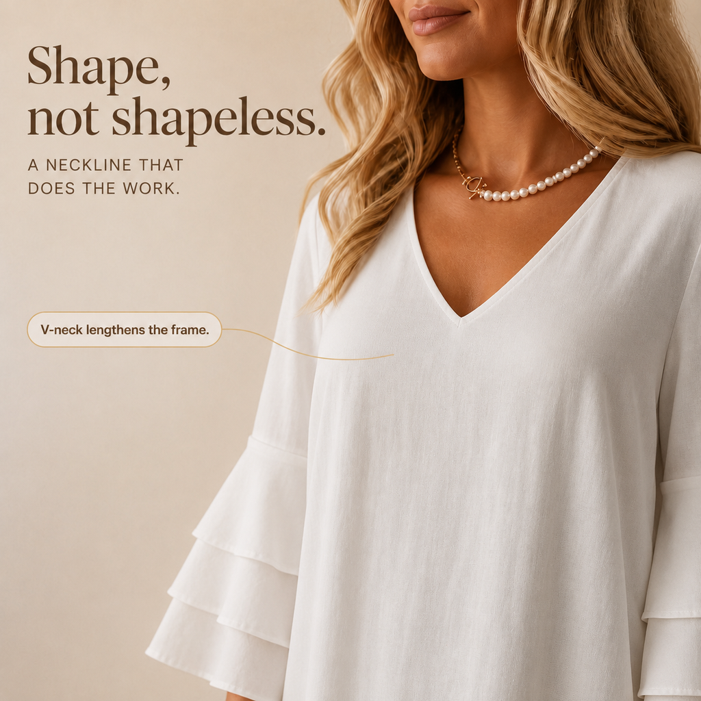 Draperly – V-Neck Ruffle-Sleeve Shift Dress