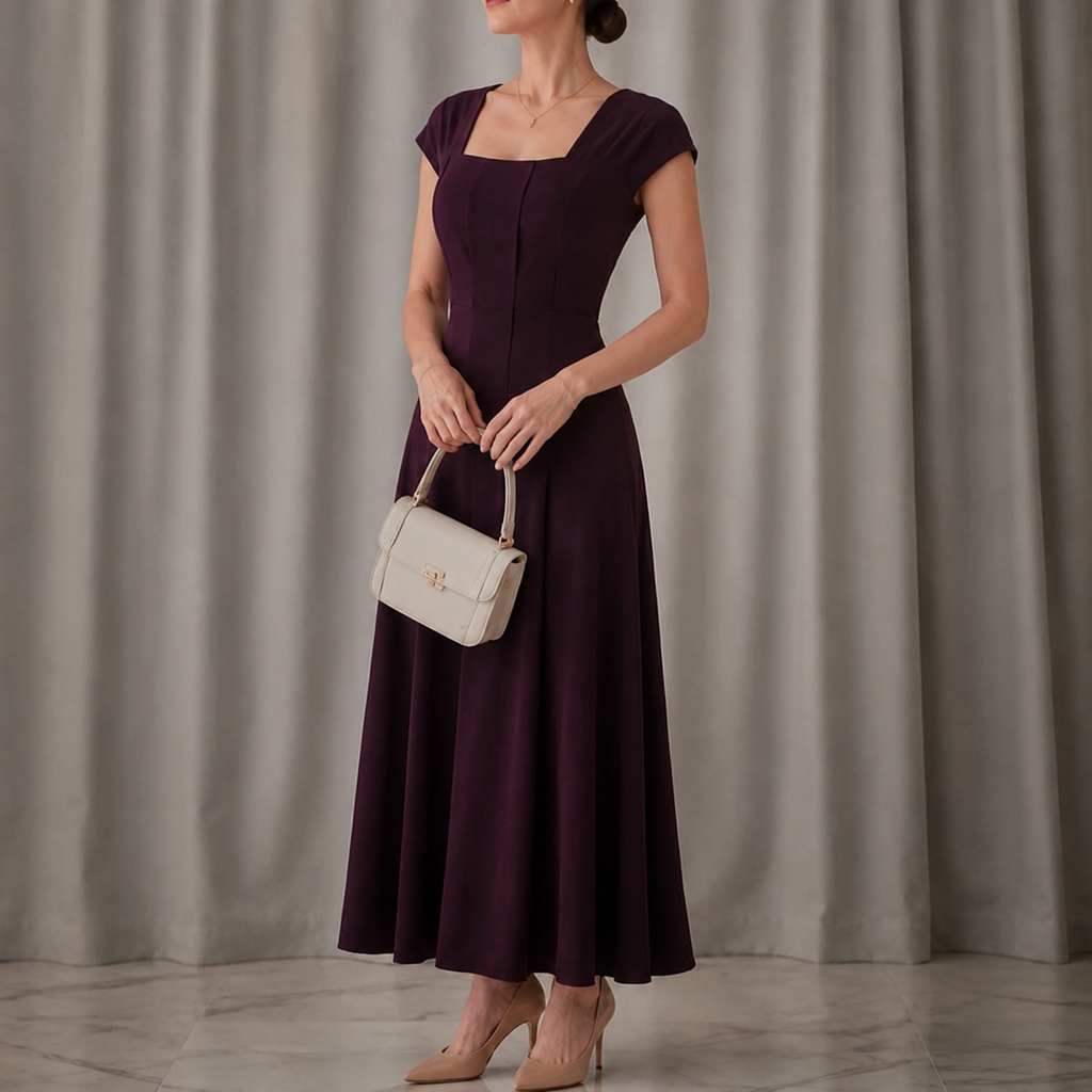 Elowyn – Square Neck A-Line Midi Dress with Sculpted Waist