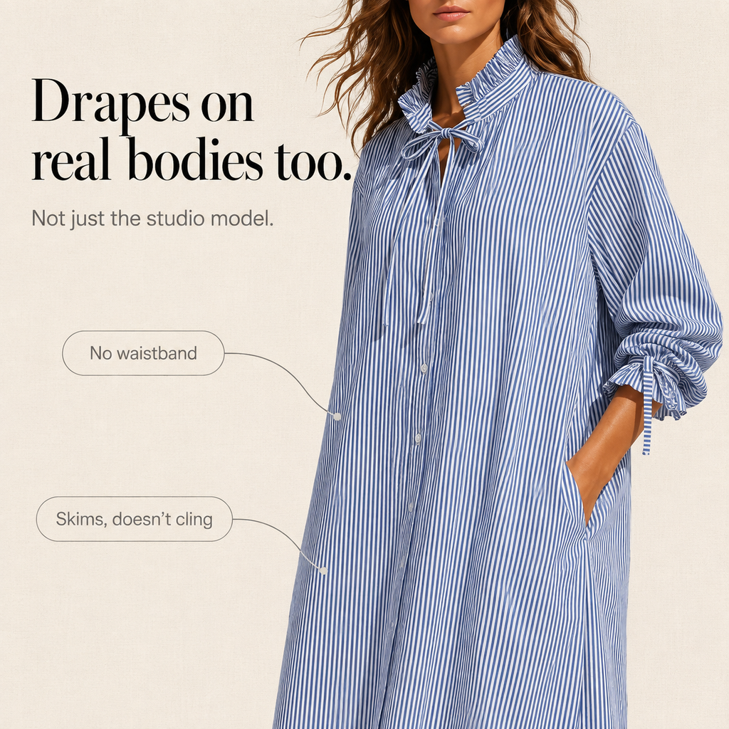 Verlyn – Striped Ruffle-Neck Long-Sleeve Midi Dress