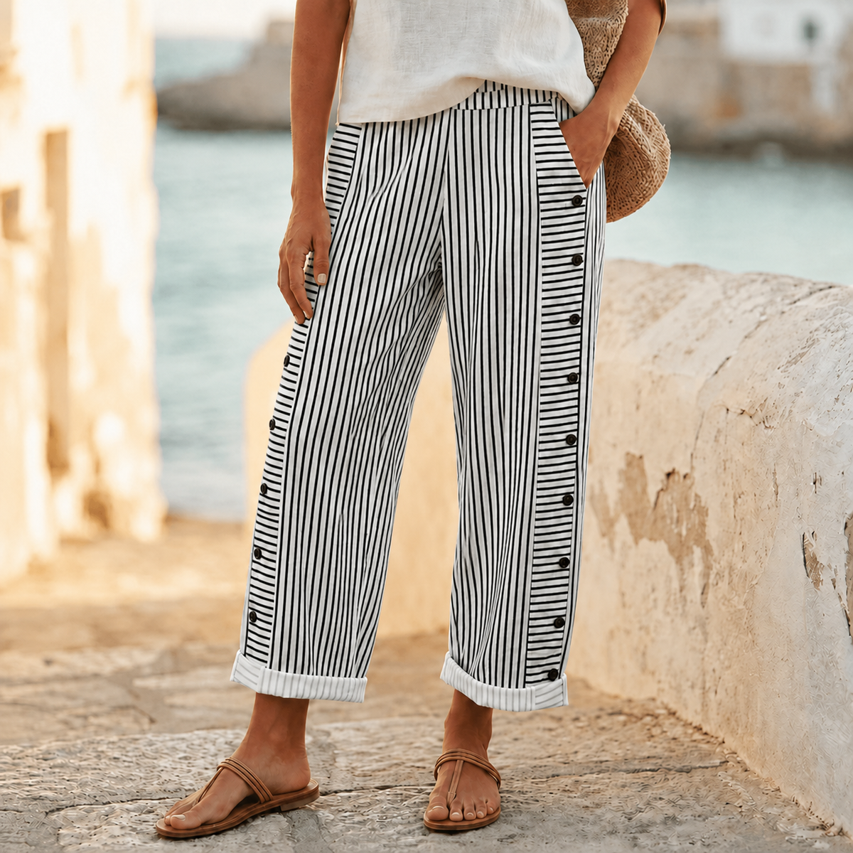 Coastlyn – Women's Striped Pants with Button Trim