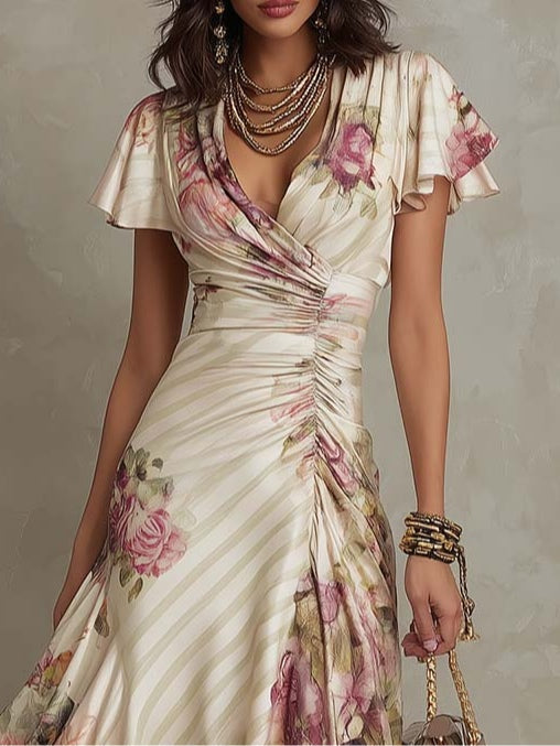 Margaret | Vintage Floral Satin Midi Dress