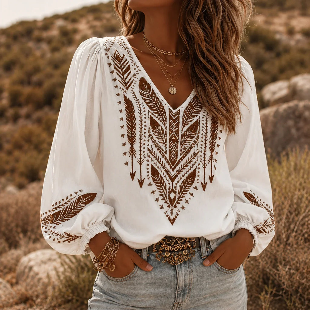 Soluna – Boho Blouse, V-Neck, Balloon Sleeve