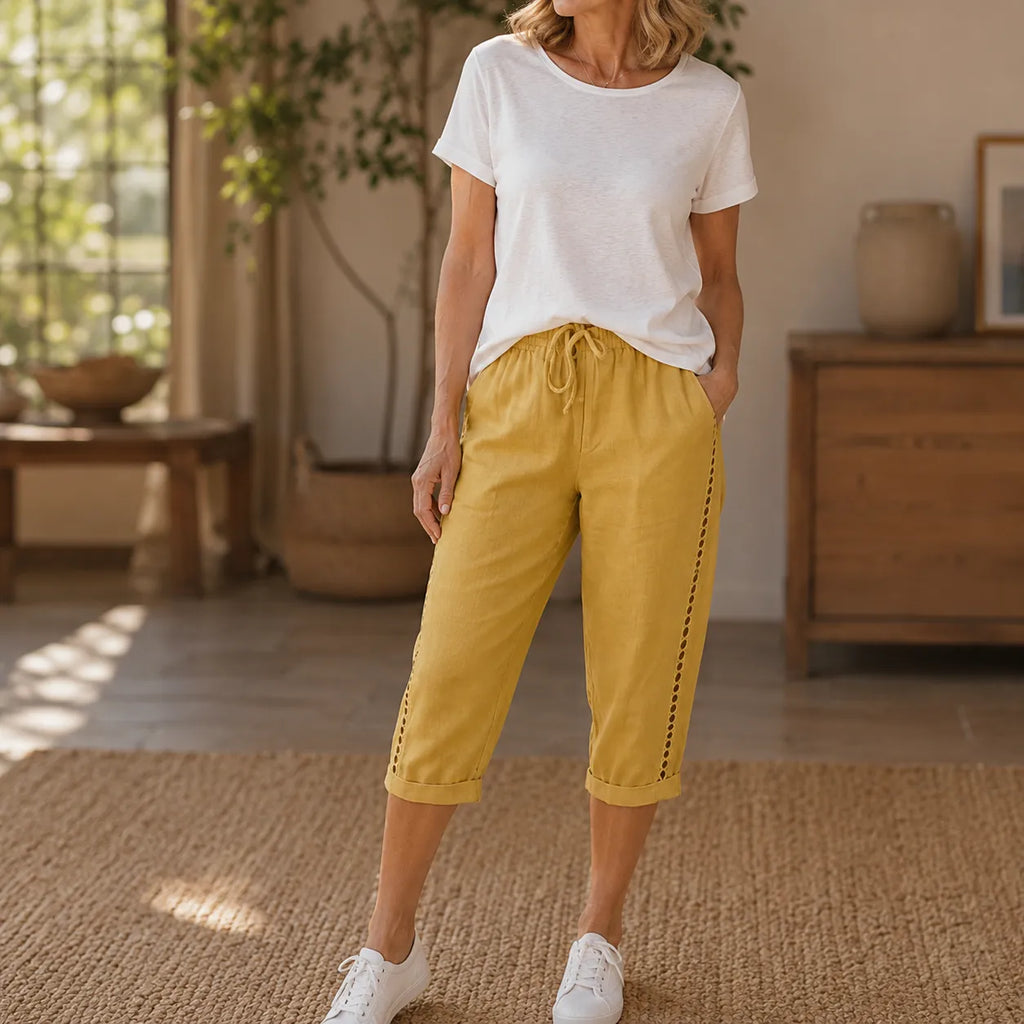 Loravie – Eyelet Trim Cotton-Linen-like Capri Pants with Drawstring Waist
