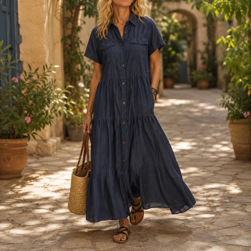 Marielle – Tiered Button-Front Denim-like Maxi Dress with Pockets