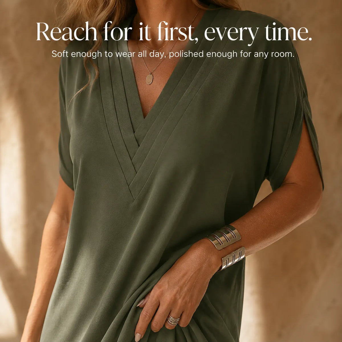 Solenne – Pleated V-Neck Soft-Drape Shift Dress