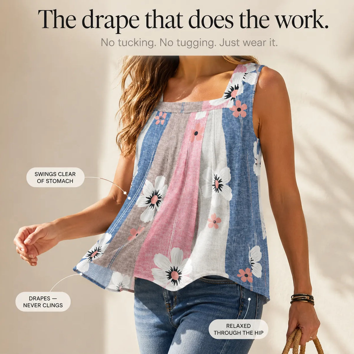 Bellavora – Pleated Square-Neck Swing Tank Top for Women