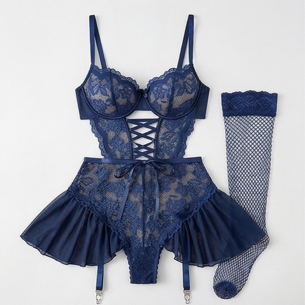 Nocturra – Women's Lace Corset Nightgown Set with Fishnet Stockings