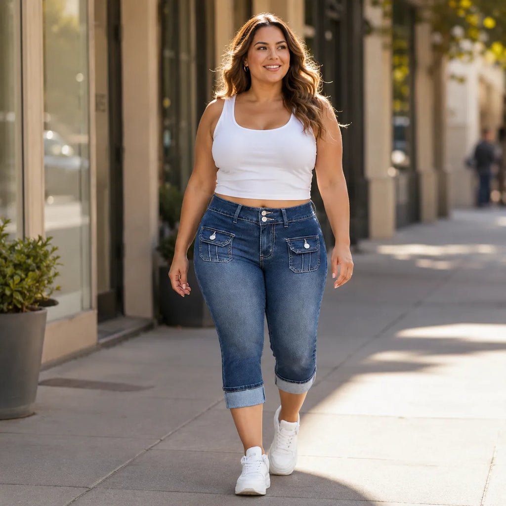 Curvella – Curvy Fit Stretch Denim-like Capri Jeans, Mid Rise Cuffed Hem