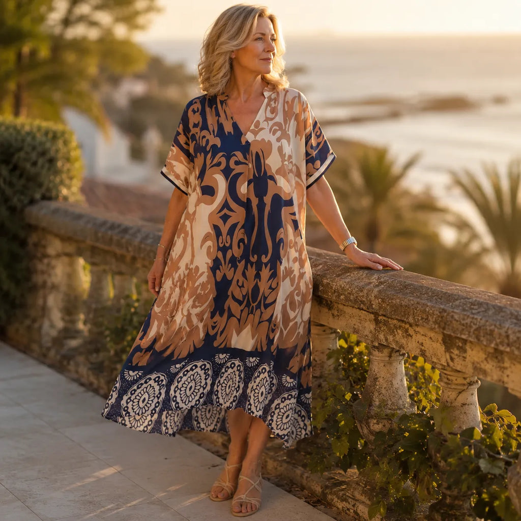 Marivelle – Coastal Damask V-Neck Loose Midi Dress for Women
