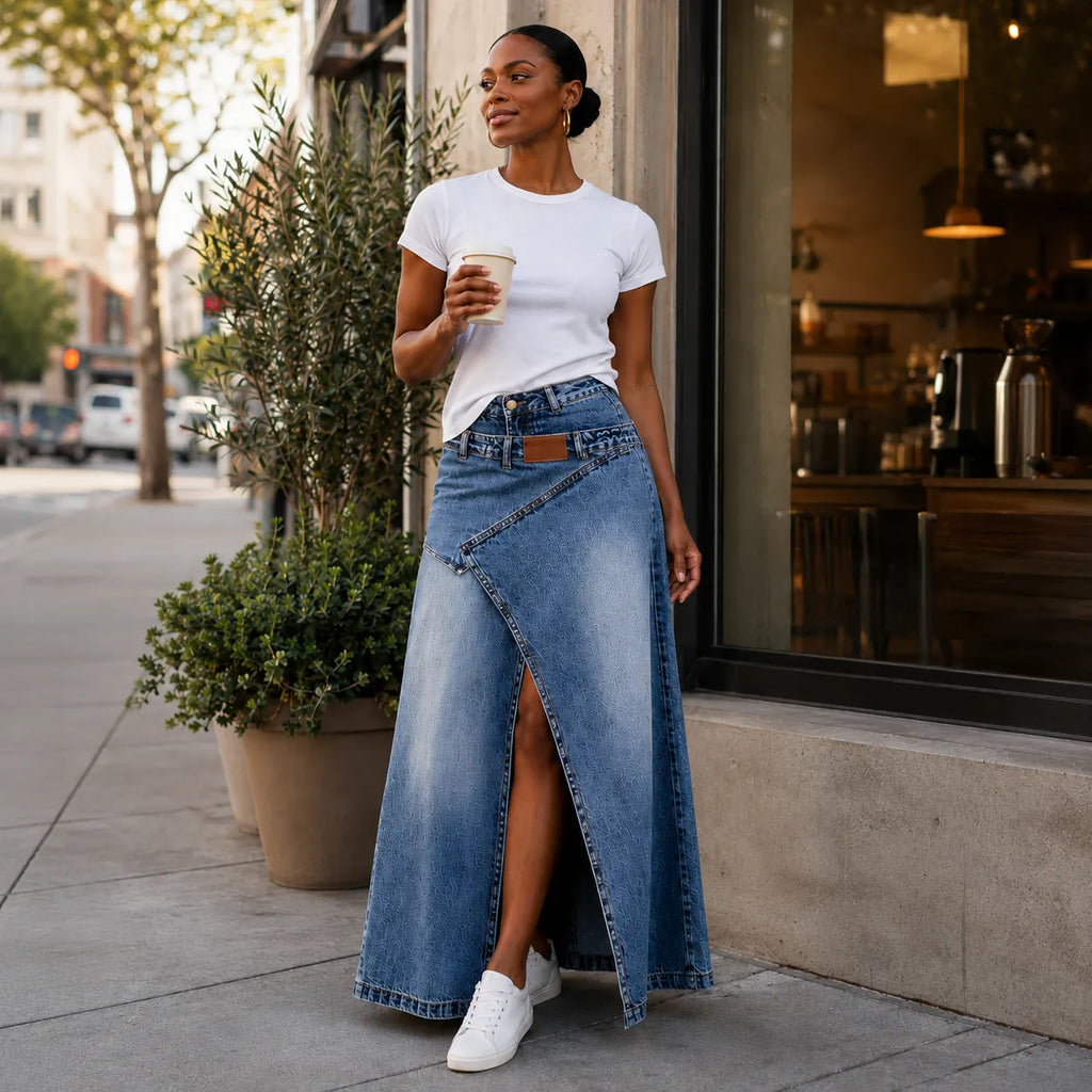 Saviera – Asymmetric Layered Denim Maxi Skirt with High Front Slit