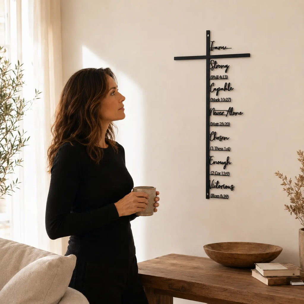 Veluna – Metal Scripture Cross Wall Decor with Biblical Affirmations