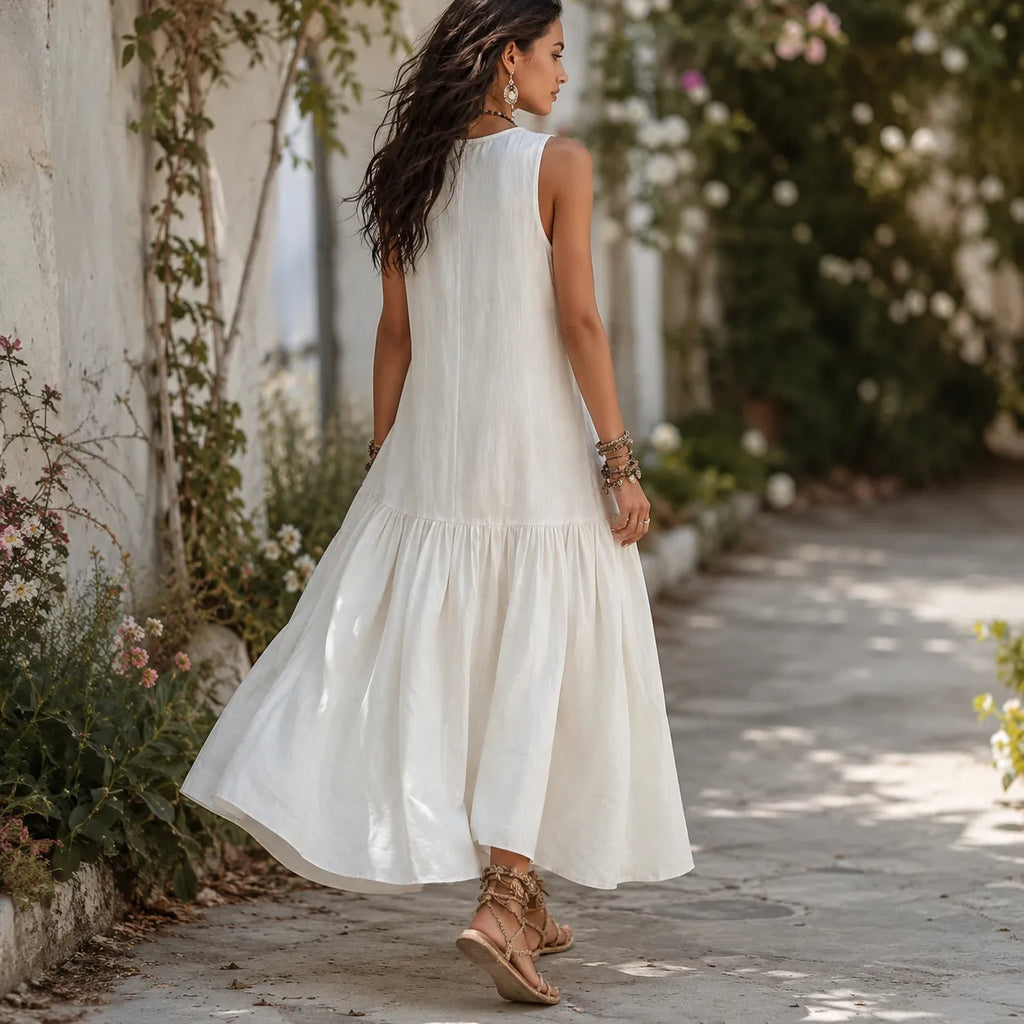 Solenne – Sleeveless Dragonfly Maxi Dress with Drop Waist