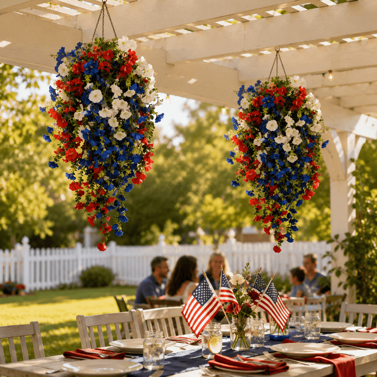 Liberty Bloom – Patriotic Hanging Flower Basket with LED Lights, Red White Blue Silk Blooms for July 4th Porch Decor
