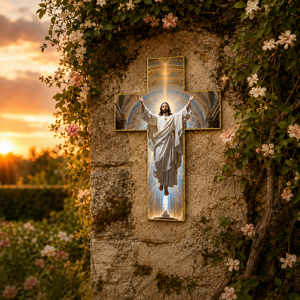 Graceholm – Risen Jesus Wall Cross, Gold Acrylic Christian Home Decor