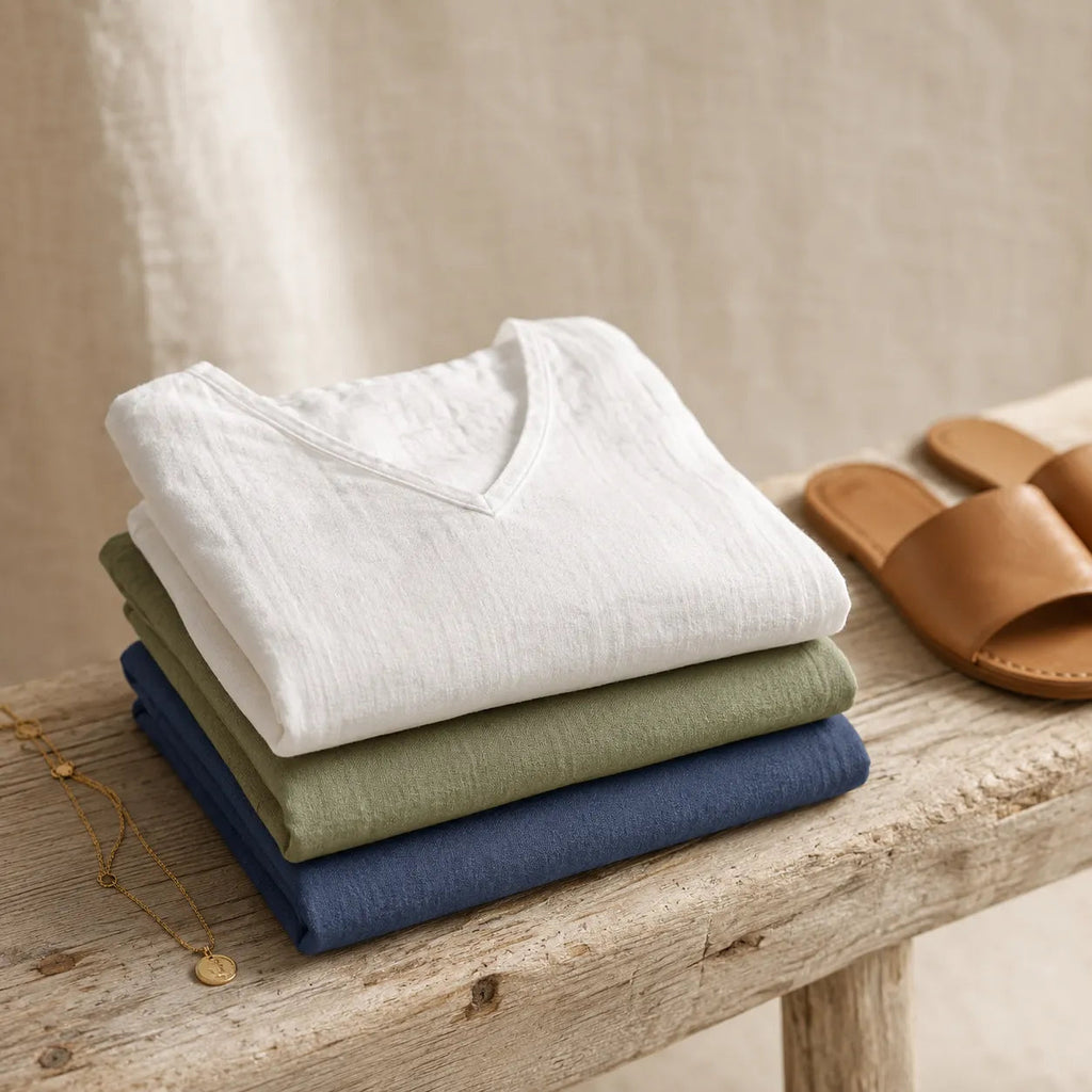 Linvie – Loose V-Neck Linen-Look Blouse with Three-Quarter Sleeves