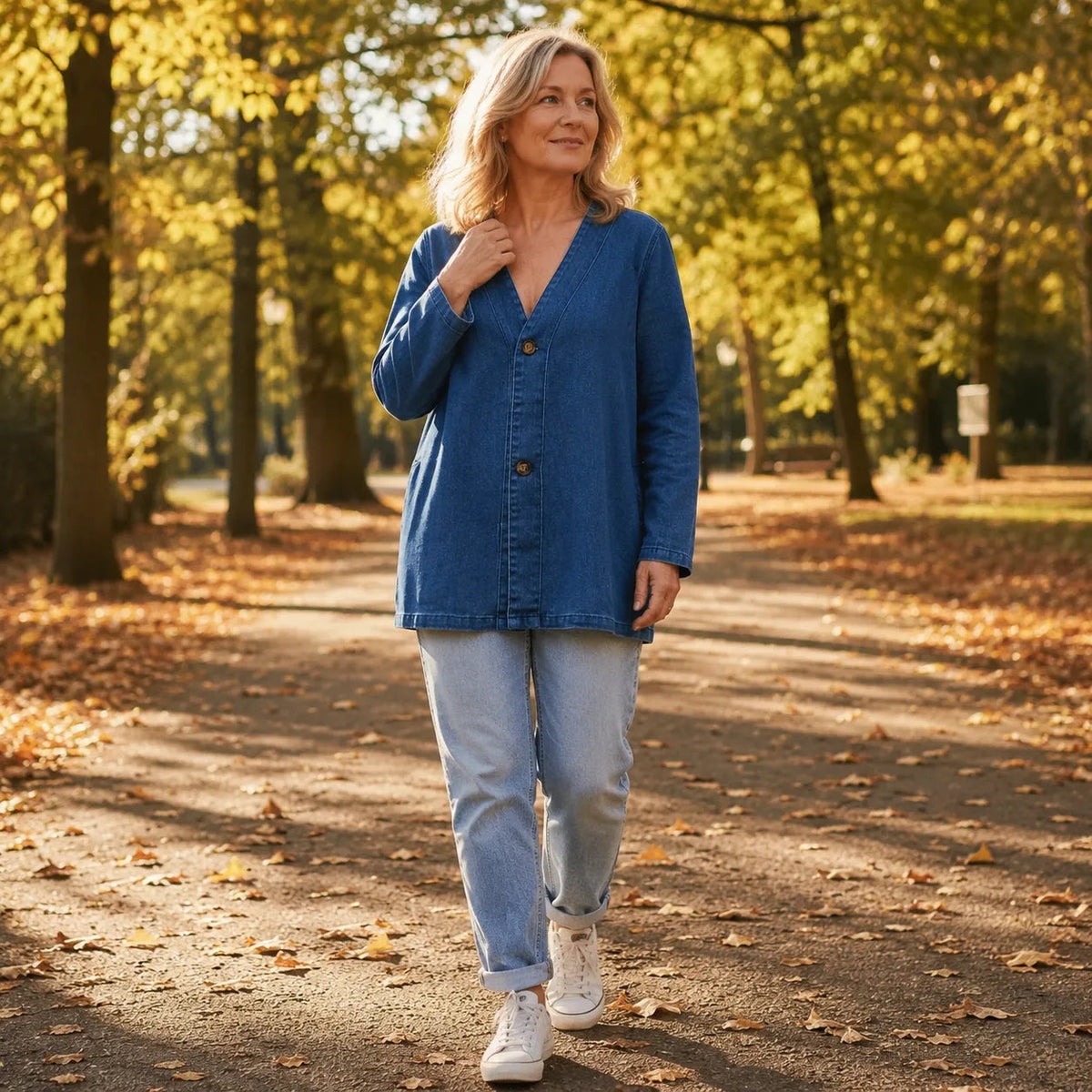 Verelle – Women's V-Neck Collarless Denim-like Jacket, Soft Button-Front Layer