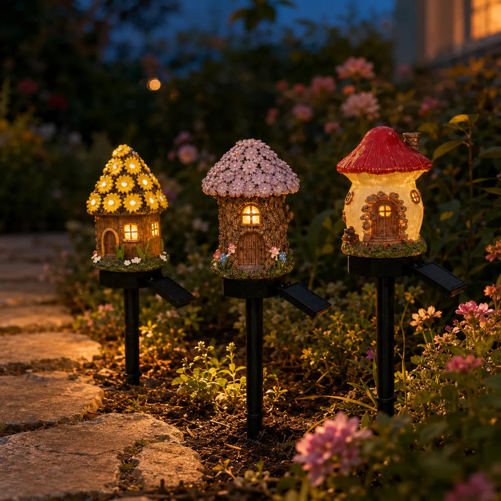 Lunavia – Solar Fairy Cottage Garden Stake Light, Hand-Sculpted Resin, Auto-On Warm LED