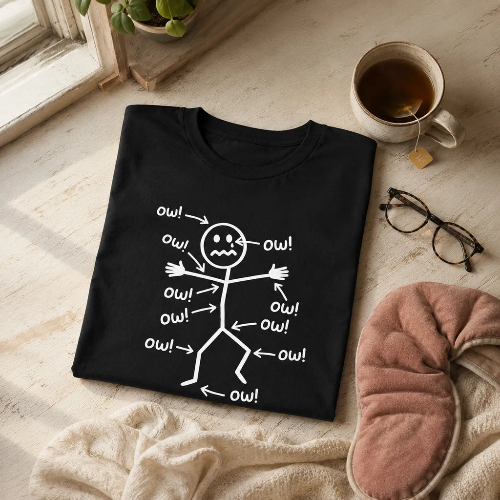 Achewear – Funny "Ow!" Stick Figure Graphic Tee, Relaxed Fit Cotton-like T-Shirt for Women & Men