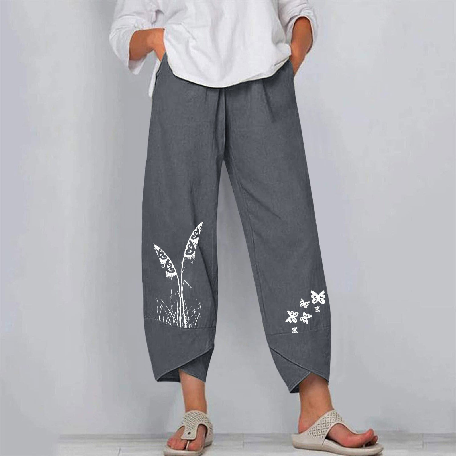 Denise Effortless Comfort Pants in grey floral print