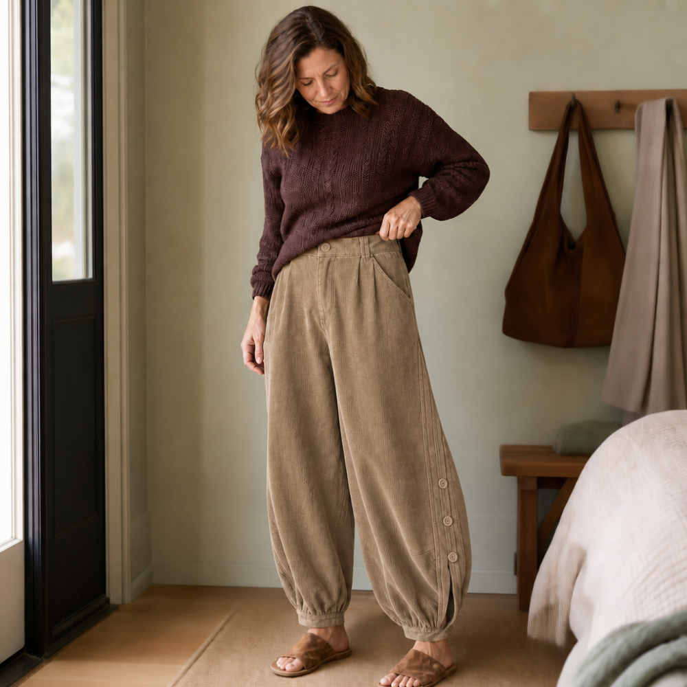 Cozelle – Side-Button Barrel Leg Corduroy Pants